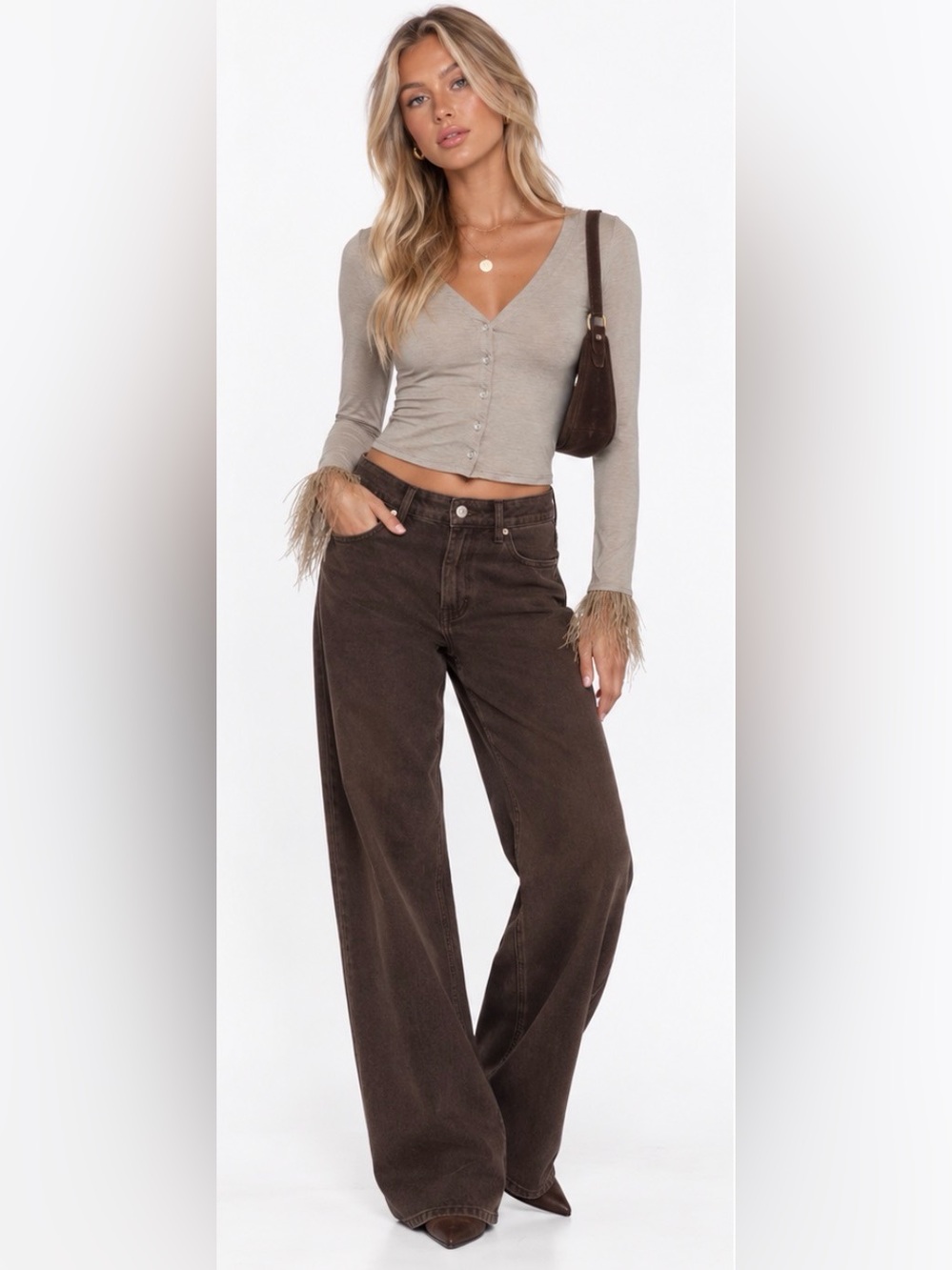 We WoreWhat Feather Trimmed Crop Cardigan in Heather Doe